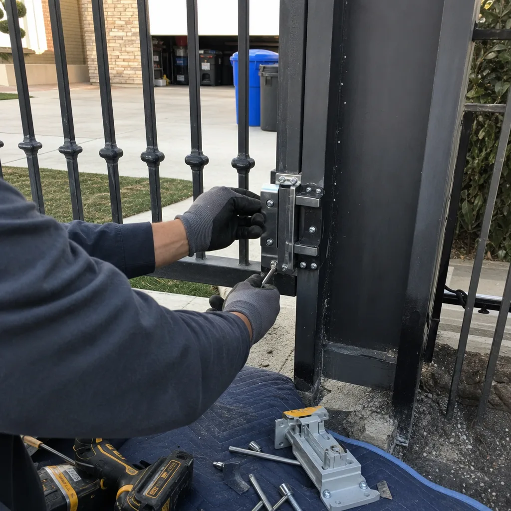 Technician repairing a metal gate hinge with tools